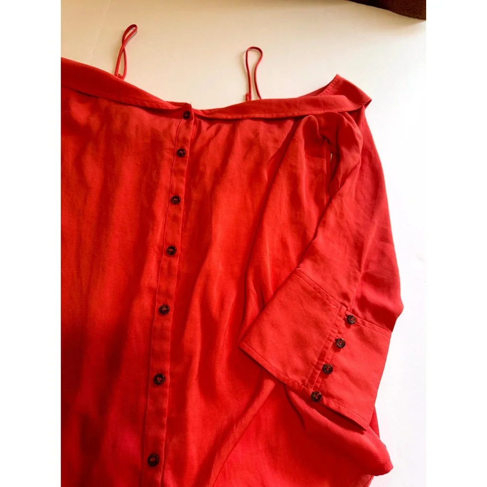 Free People Coral Off Shoulder Button Front Boho Blouse Long Sleeve Small